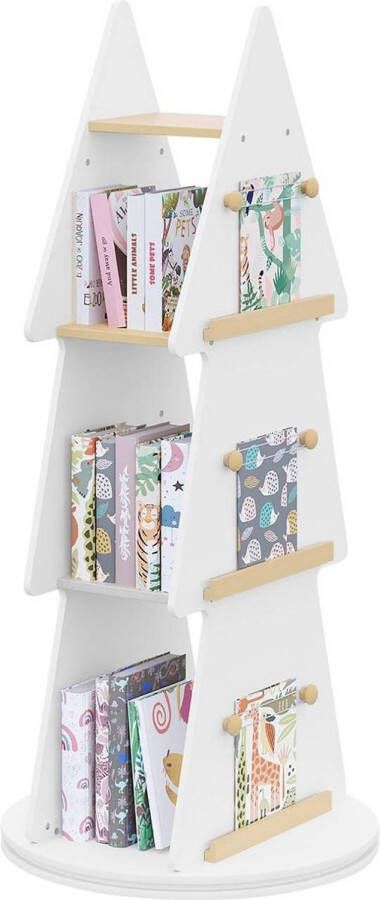 BukkitBow Boekenkast voor Kinderen Kinderboekenkast met 360° Draaibare Plank Kerstboom Boomvorm met 4 Planken en Ophanghaken Wit Bruin Hout