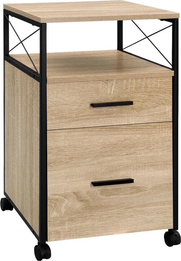 BukkitBow Archiefkast Rolcontainer 2 Lades Open Vak met Wielen Voor A4 Letter Mappen Licht Hout