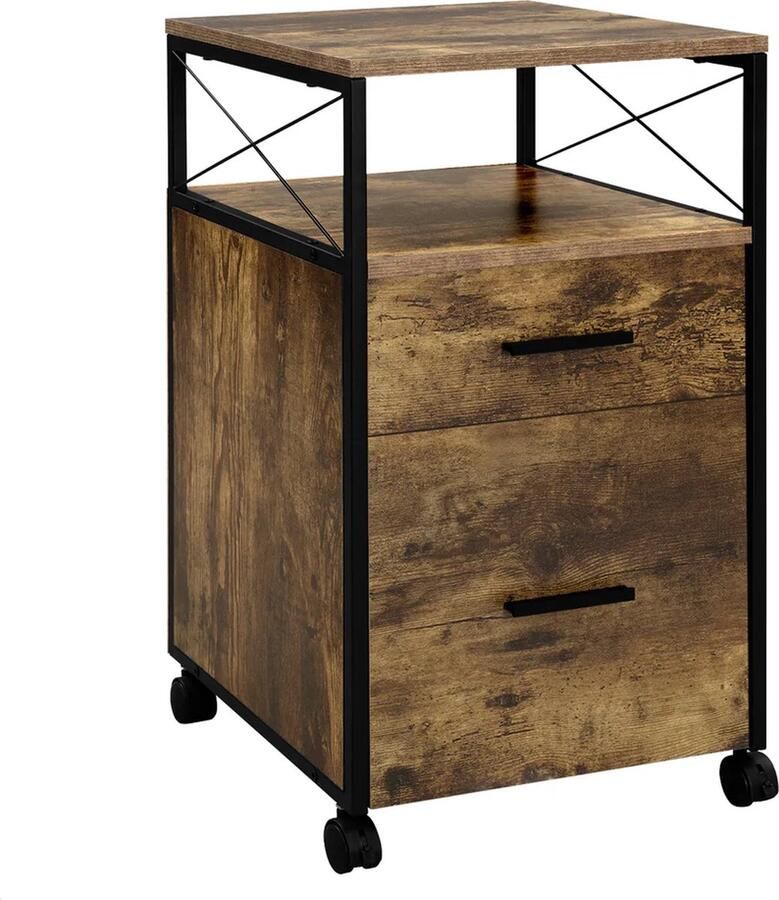 BukkitBow Archiefkast Rolcontainer 2 Lades Open Vak met Wielen Voor A4 Letter Mappen Vintage Hout