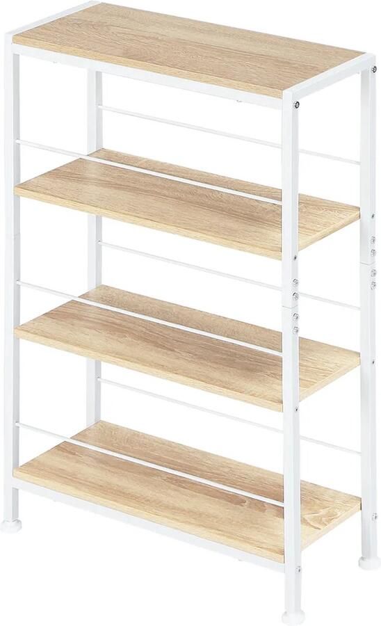 BukkitBow Boekenkast Rek Nisplanken 4 Niveaus Staande Kast Metalen Frame 50x78x20cm Licht Eikenhout Wit