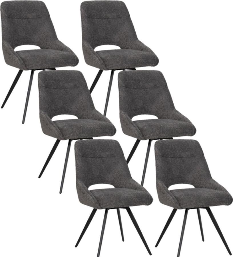 BukkitBow – Eetkamerstoel Keukenstoel Geschikt als Make-up Stoel Chenille & Metalen Onderstel Chenille Stof Donker Grijs 6 Stuks