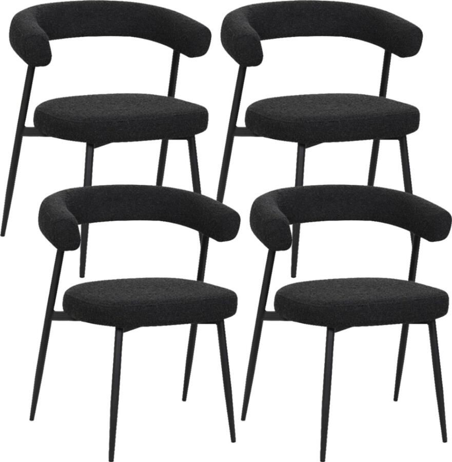 BukkitBow – Eetkamerstoel Keukenstoel Geschikt als Make-up Stoel Chenille Stof & Metalen Onderstel Open Design Zwart 4 Stuks