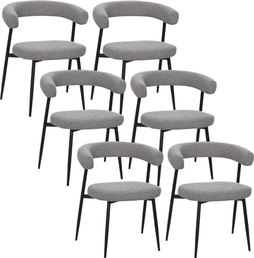 BukkitBow – Eetkamerstoel Keukenstoel Geschikt als Make-up Stoel Chenille Stof & Metalen Onderstel Open Design Grijs 6 Stuks
