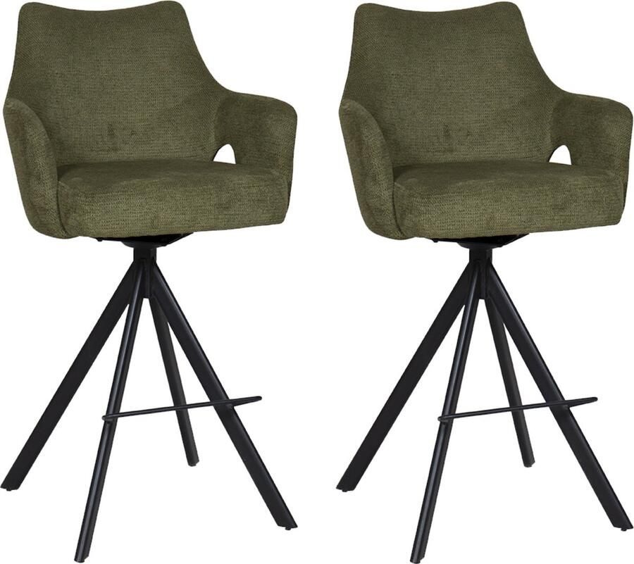 BukkitBow Luxe Moderne Barkrukken Set van 2 Stuks Draaibare Zitting met Voetensteun Aragon Stof met Metalen Onderstel Groen