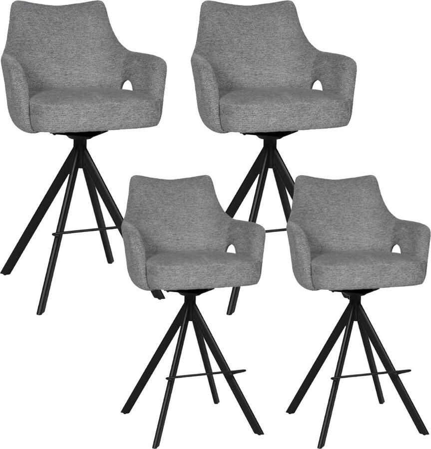 BukkitBow Luxe Moderne Barkrukken Set van 4 Stuks Draaibare Zitting met Voetensteun Aragon Stof met Metalen Onderstel Grijs