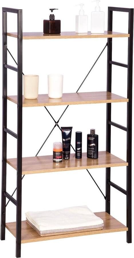 BukkitBow Moderne Boekenkast Boekenrek 4 Lagen Zwart Metaal met Licht Eikenhouten Planken 60X28X116CM