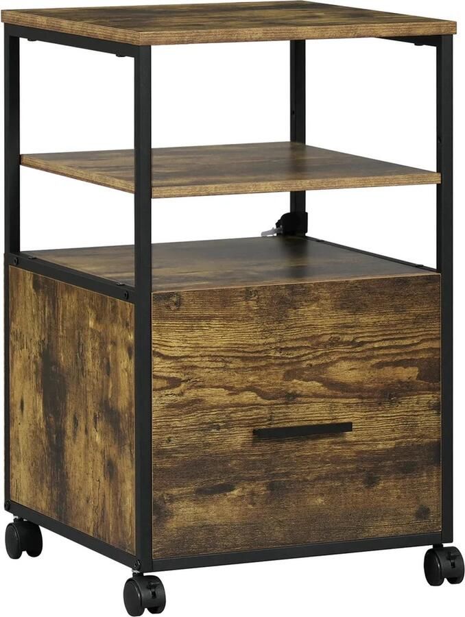 BukkitBow Rolcontainer Verrijdbare Archiefkast 1 Lade en 2 Open Vakken 40X40X66CM Vintage Hout
