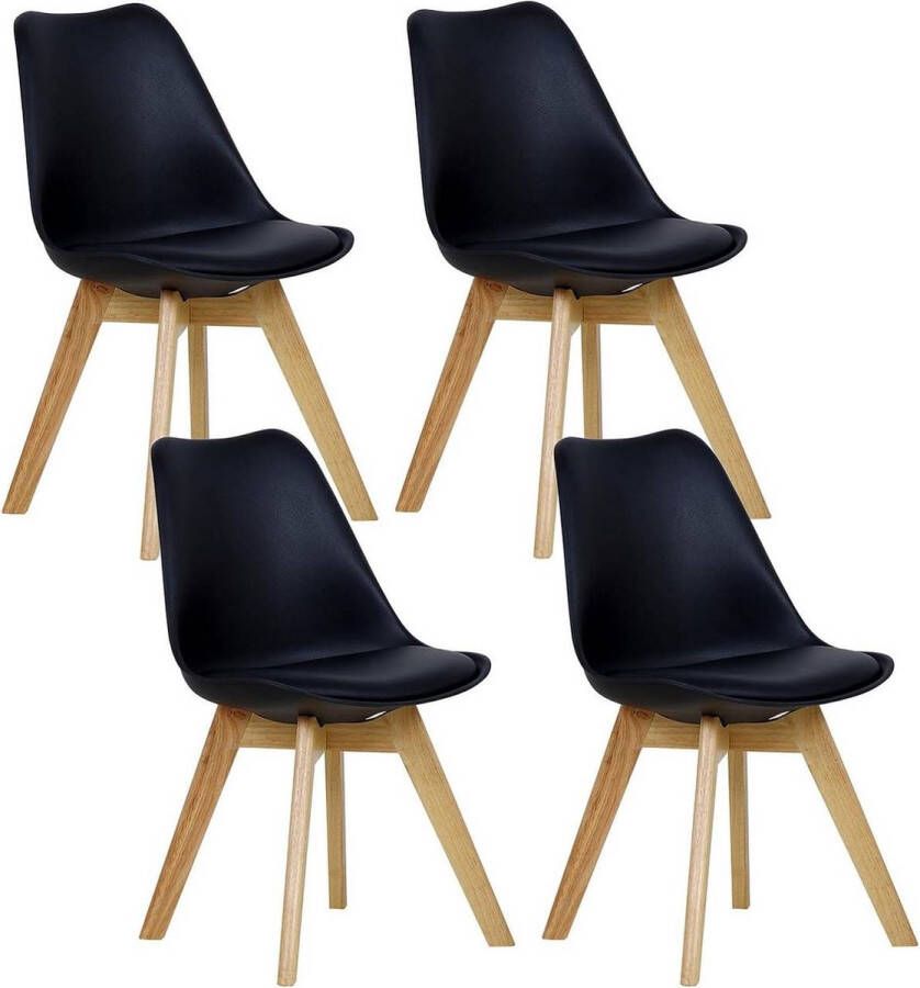 BukkitBow Eetkamerstoelen Houten Frame met Retro Stijl Gewatteerd Zitting met Kussen Set van 4 Stuks Zwart