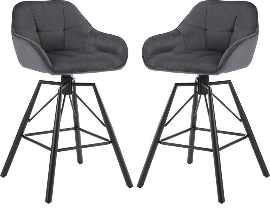 BukkitBow Hoge Luxe Barkrukken Velvet Vluweel Met rugleuning en Armleuning met Strepen Patroon en Voetensteun 360 Graden Draaibaar Set van 2 Stuks Donker Grijs