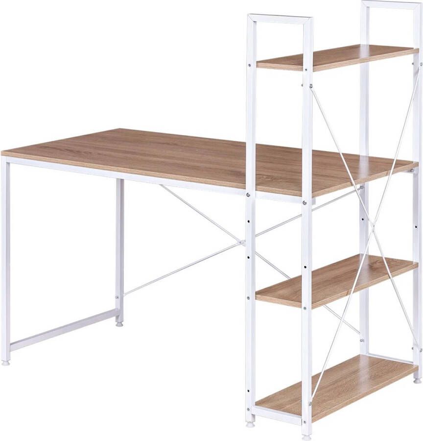 BukkitBow Houten Bureau Werkplek met Opslagrek (120X64X140CM) Wit met Licht Hout