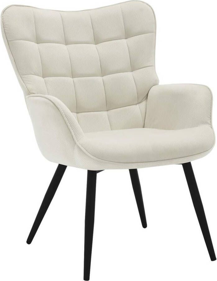 BukkitBow Luxe Relaxstoel Moderne Wing Fauteuil met Stevige Metalen Poten Met Zachte Ribfluwelen Bekleding 46CM Zithoogte Crème Wit