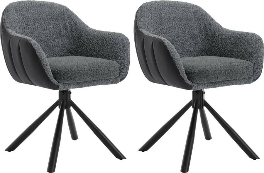 BukkitBow Luxe Set Eetkamerstoelen Chenille Stof met Kunstleder Leer Kuipstoel met Rug en Armleuning en Metalen Poten 365 Graden Draaibaar Onderstel Set van 2 Stuks Zithoogte 49.5CM Donker Grijs