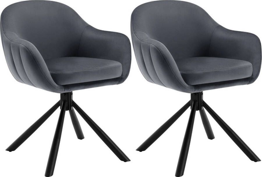 BukkitBow Luxe Set Eetkamerstoelen Velvet Fluweel Kuipstoel met Rug en Armleuning en Metalen Poten 365 Graden Draaibaar Onderstel Set van 2 Stuks Zithoogte 49.5CM Donker Grijs