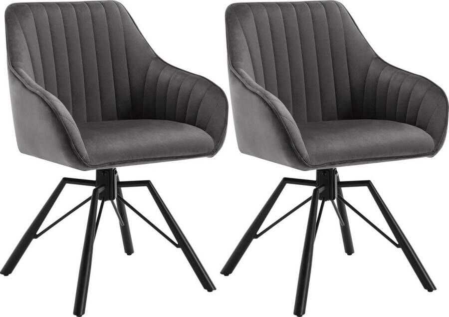 BukkitBow Moderne Eetkamerstoelen Velvet Fluweel Met rugleuning en Armleuning met Strepen Patroon en 360 Graden Draaibaar Set van 2 Stuks Donker Grijs