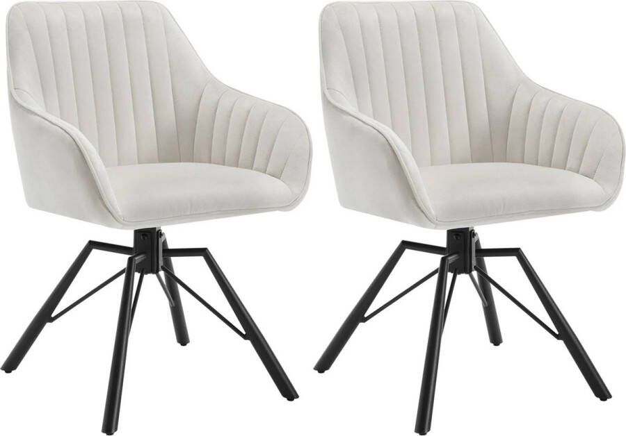 BukkitBow Moderne Eetkamerstoelen Velvet Fluweel Met rugleuning en Armleuning met Strepen Patroon en 360 Graden Draaibaar Set van 2 Stuks Crème Wit