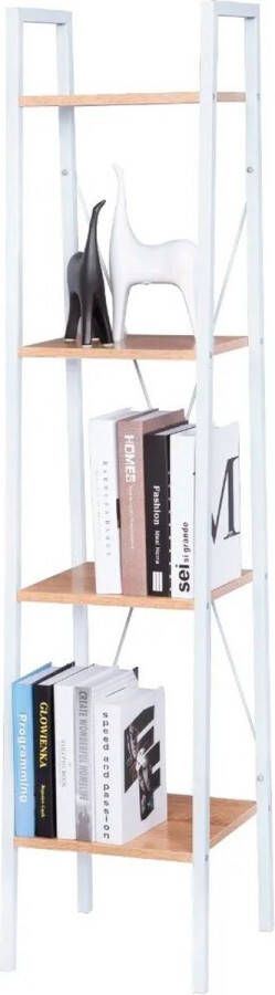 BukkitBow Moderne Smalle Boekenkast met Metalen Frame en Hout 4 Planken Geschikt voor Decoratie in de Woonkamer 35X34X148CM Wit met Licht Eikenhout