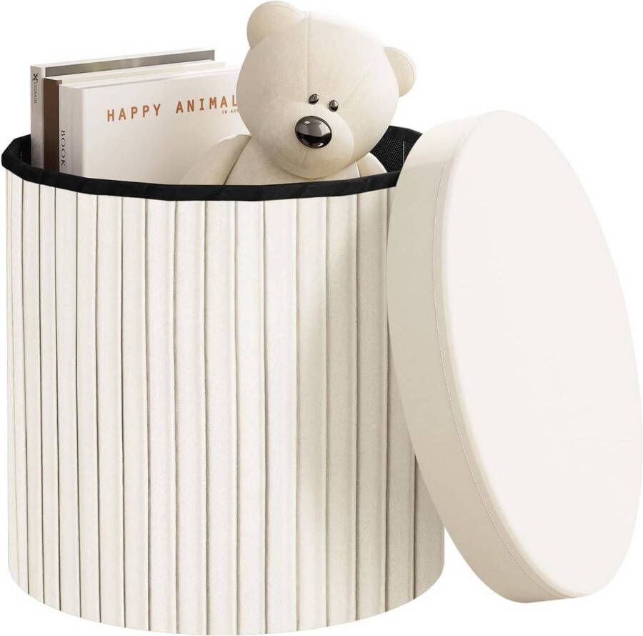 BukkitBow Ronde Compacte Opbergpoef – Poef Zitkist met Deskel Opvouwbare Poef Voetenbank met Opbergruimte 38x38x36 cm Crème Wit