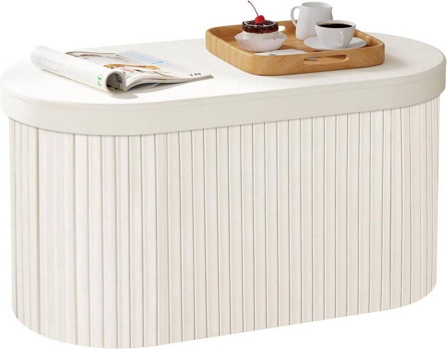 BukkitBow Ronde Ovale Compacte Opbergpoef – Poef Zitkist met Deskel Opvouwbare Ovale Poef Voetenbank met Opbergruimte 76x38x38 cm Crème Wit