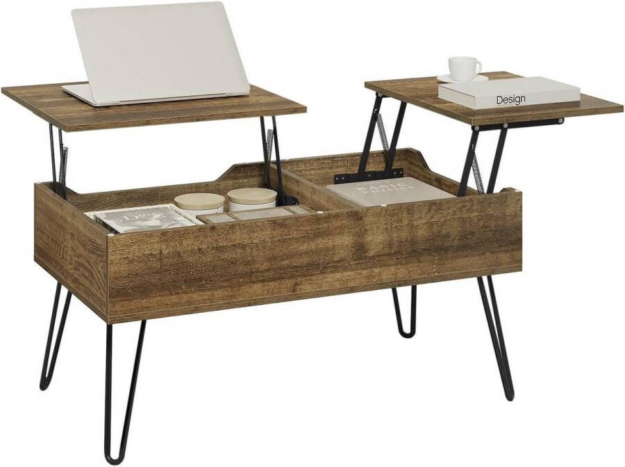 BukkitBow Salontafel met Dubbel Aparte Verborgen Opbergruimte Opbergvak Salontafel met 2 in Hoogte Verstelbare Bladen Vintage Bruin Hout