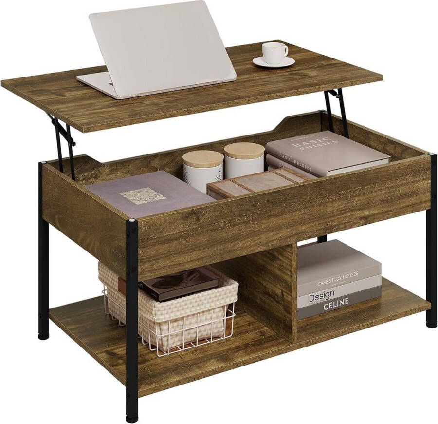 BukkitBow Salontafel met Open Vakken en Verborgen Opbergruimte Salontafel met Blad in Hoogte Verstelbaar Vintage Bruin Hout