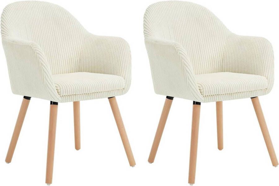 BukkitBow Set Moderne Eetkamerstoelen Gestoffeerde Corduroy Stoelen Keukenstoelen met Armleuningen Gemaakt van Corduroy Massief Sterke Houten Poten Set van 2 Stuks Cremé Wit