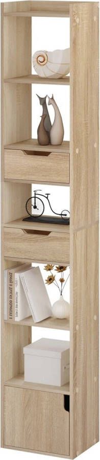 BukkitBow Staande Boekenkast Eiken Hout met Melamine Fineer Ruime Opslag met Deur en Laden Licht Eikenhout