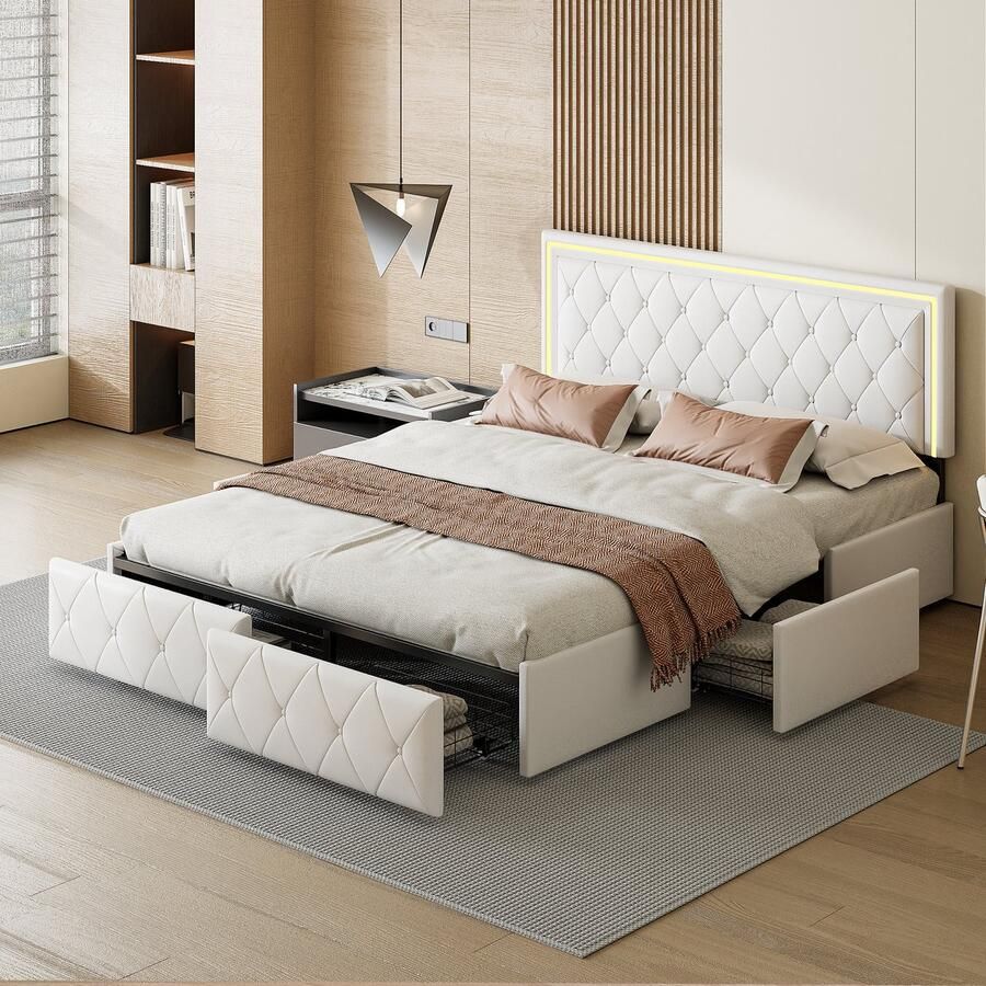 BursDany Bed 140x200 cm met LED-hoofdbord tweepersoons tienerbed met 4 opbergladen bedframe met lattenbodem zonder matras wit PU