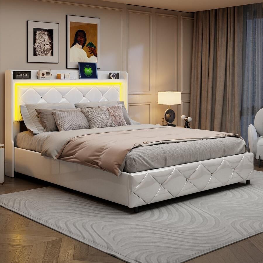 BursDany Bed 140x200 cm tweepersoonsbed Hydraulisch opbergbed met lattenbodem hoofdbord met LED en USB bedframe voor volwassenen en tieners zonder matras PU glanzend wit