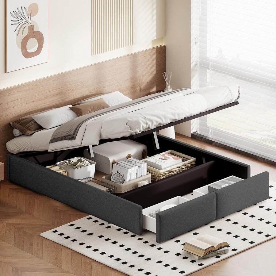 BursDany Bed 140x200 Zonder hoofdeinde Gestoffeerd platform bedframe met houten lattenbodem en opbergruimte Hydraulisch opbergbed met 2 laden Zonder matras Linnen grijs