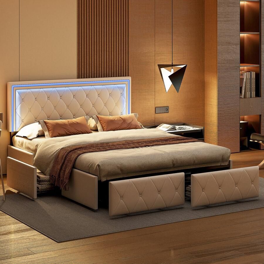 BursDany Bed 160x200 cm met LED-hoofdbord tweepersoons tienerbed met 4 opbergladen bedframe met lattenbodem zonder matras PU Wit