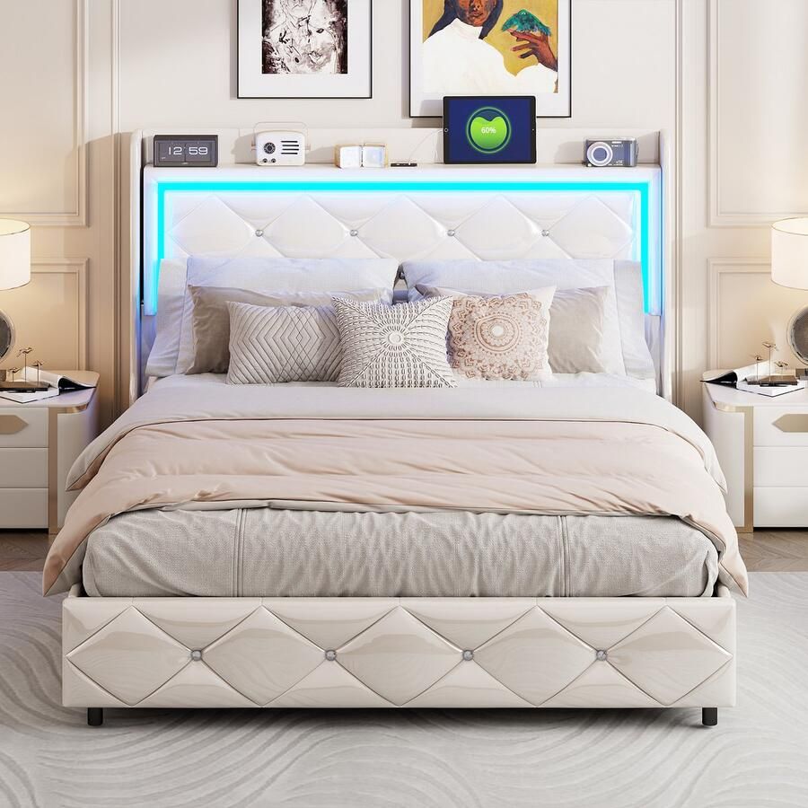 BursDany Bed 160x200 cm tweepersoonsbed Hydraulisch opbergbed met lattenbodem hoofdbord met LED en USB bedframe voor volwassenen en tieners zonder matras PU glanzend wit