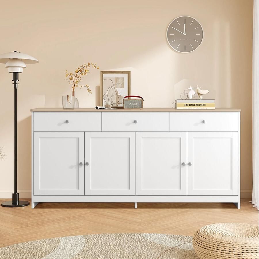 BursDany Buffetkasten Keukenkast met 3 lades en 4 deuren Keukendressoir met verstelbare plank voor Keuken Eetkamer Woonkamer Naturel en Wit 160x37x75 cm