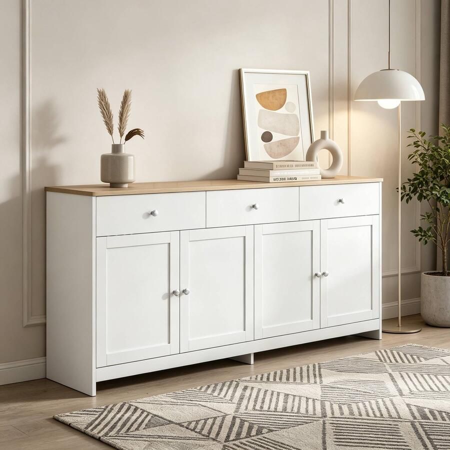 BursDany Buffetkasten Keukenkast met 3 lades en 4 deuren Keukendressoir met verstelbare plank voor Keuken Eetkamer Woonkamer Naturel en Wit 160x37x75 cm - Foto 2