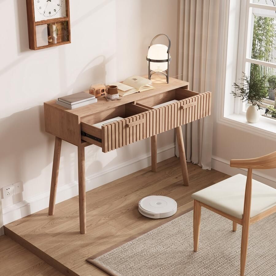 BursDany Consoletafel met 2 lades haltafel met opbergruimte smalle bijzettafel van natuurlijk hout voor de hal woonkamer en slaapkamer (100 x 35 x 80 cm)