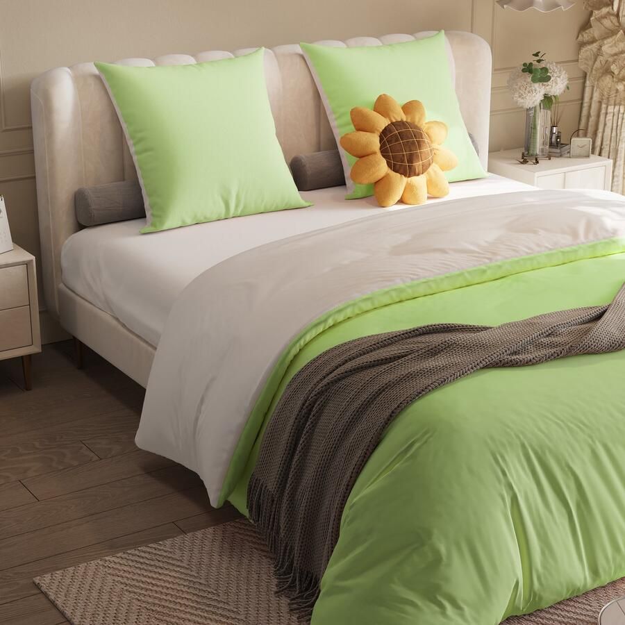 BursDany Eenkleurige Dekbedovertrek Set voor studentenhuizen zacht en duurzaam 4-delig hoeslaken kussensloop dekbedovertrek Geschikt voor bedden van 140 x 200 cm (lichtwit en groen)