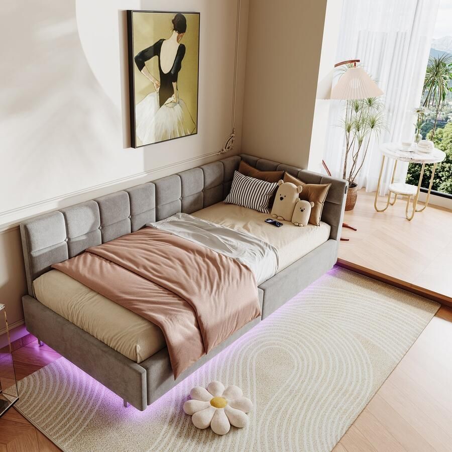 BursDany Eenpersoons Slaapbank 90x200 cm Grijs Fluweel Zwevend Hydraulisch Bed met USB Type-C Opladen & RGB Lichtstrip (Afstandsbediening) Ideaal voor Klein Ruimte