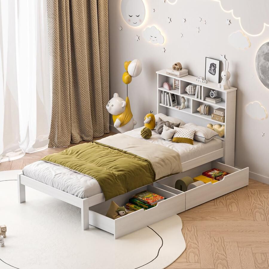 BursDany Eenpersoonsbed Kinderbed 90x200 cm houten bed Jeugdbed met 2 opberglades en opbergkast bedframe met bedbak en lattenbodem van hout wit zonder matras