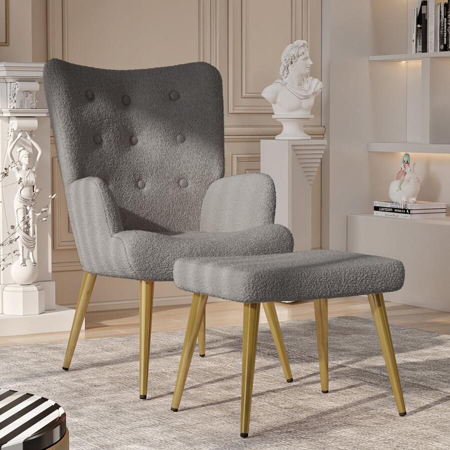 BursDany Fauteuil Vleugelstoel met kruk Gestoffeerde fauteuil Moderne relax fauteuil voor de woonkamer Teddy fluwelen lounge stoel Zeer elastisch schuim Kleine donkergrijs fauteuil