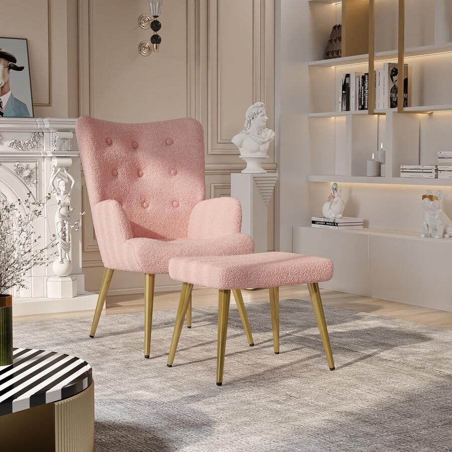 BursDany Fauteuil Vleugelstoel met kruk Gestoffeerde fauteuil Moderne relax fauteuil voor de woonkamer Teddy fluwelen lounge stoel Zeer elastisch schuim Kleine roze fauteuil