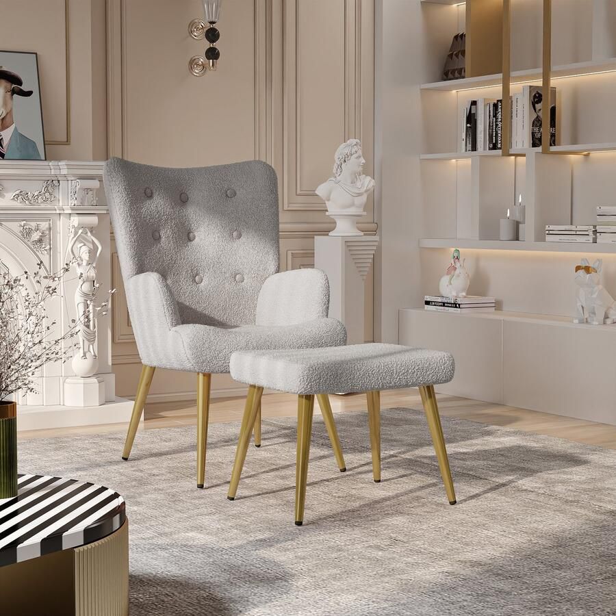 BursDany Fauteuil Vleugelstoel met kruk Gestoffeerde fauteuil Moderne relax fauteuil voor de woonkamer Teddy fluwelen lounge stoel Zeer elastisch schuim Kleine lichtgrijs fauteuil