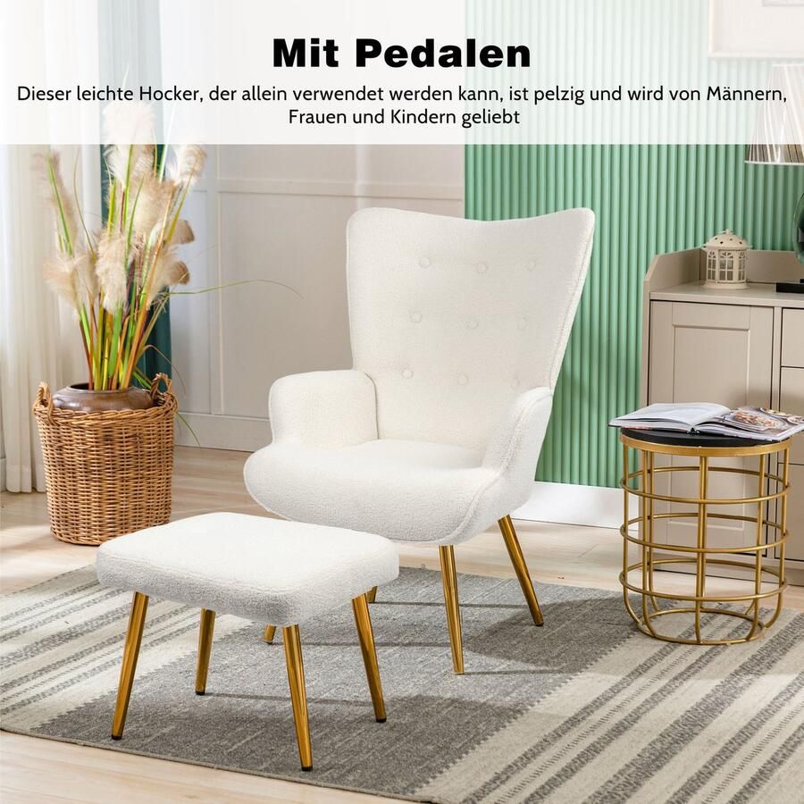 BursDany Fauteuil Vleugelstoel met kruk Gestoffeerde fauteuil Moderne relax fauteuil voor de woonkamer Teddy fluwelen lounge stoel Zeer elastisch schuim Kleine witte fauteuil