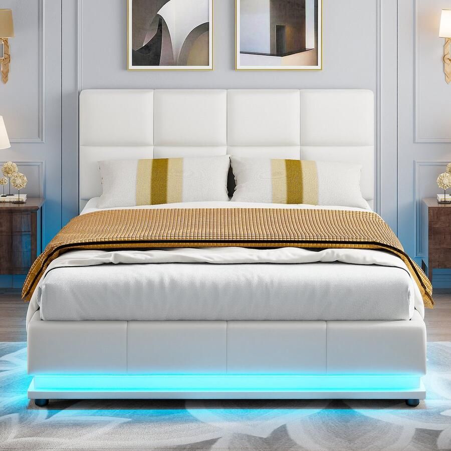 BursDany Gestoffeerd bed 140 x 190 cm tweepersoonsbed met LED hydraulisch hefbaar opbergbed lattenbodem met in hoogte verstelbaar gestoffeerd hoofdbord wit (zonder matras)