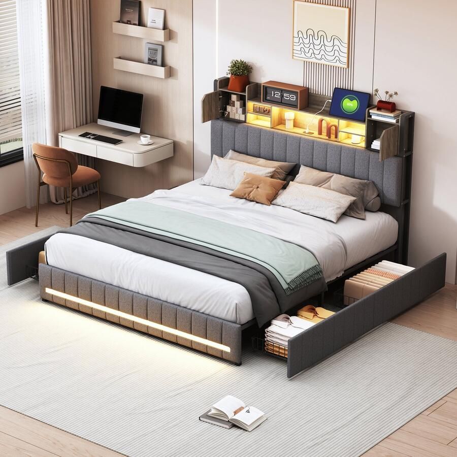 BursDany Gestoffeerd bed 140x190 cm met LED en USB-poort Tiener tweepersoonsbed met 4 opberglades bedframe met lattenbodem en hoofdeinde zonder matras grijs linnen