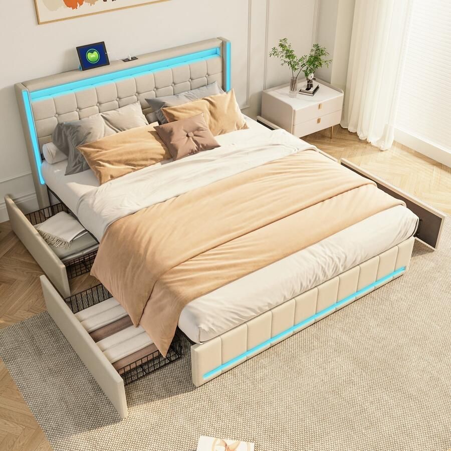 BursDany Gestoffeerd bed 140x190 cm met LED en USB tweepersoonsbed met 4 laden bedden met opbergruimte en lattenbodem bedframe met rugleuning voor jongerenbed zonder matras linnen beige
