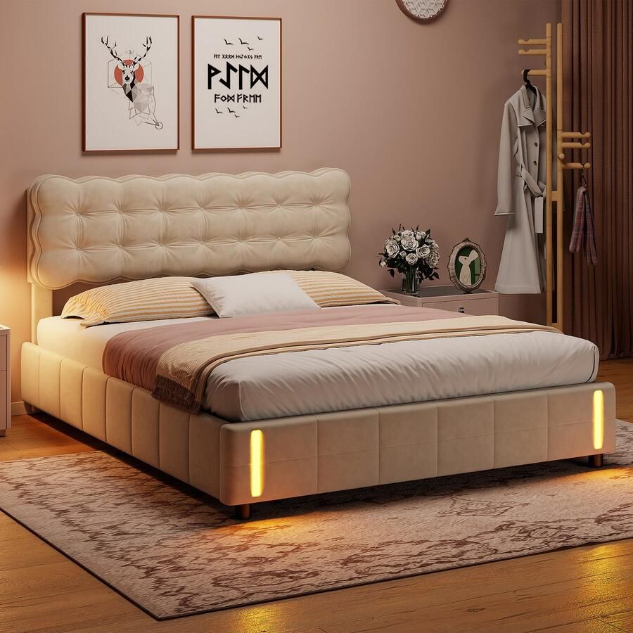 BursDany Gestoffeerd bed 160x200 cm met LED jeugdbed tweepersoonsbed met opbergruimte en lattenbodem hydraulisch opbergbed rugleuning bedframe voor meisjes zonder matras fluweelbeige