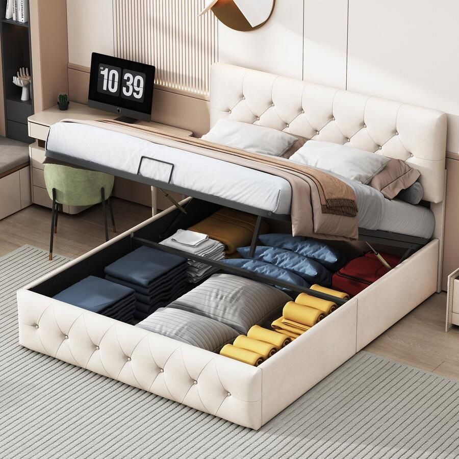 BursDany Gestoffeerd Bed 140x200 cm Hydraulisch Dubbel Opbergbed met Lattenbodem en Hoofdbord Bedframe voor Volwassenen zonder Matras Fluweel Beige