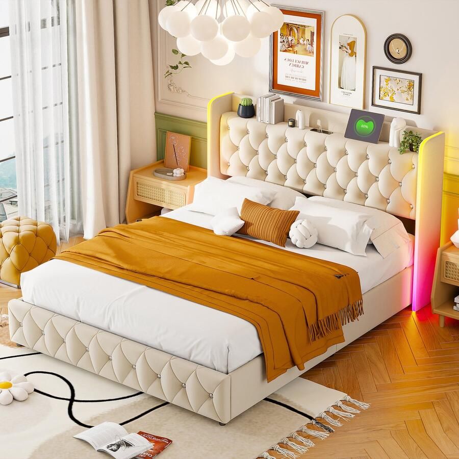 BursDany Gestoffeerd bed 140x200 cm met LED en USB Opbergbed met lattenbodem en opberg-hoofdbord duurzaam frame voor 2 personen beige fluweel (zonder matras)