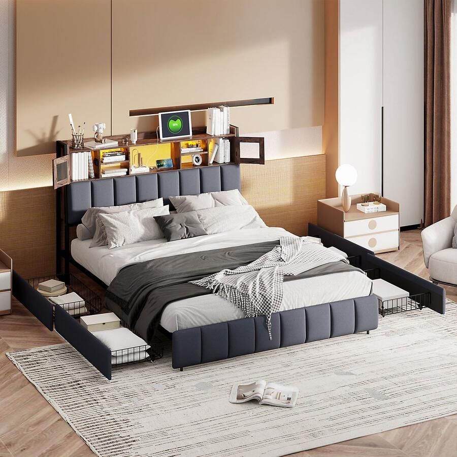 BursDany Gestoffeerd bed 140x200 cm met LED en USB tweepersoons bed met lattenbodem en 4 laden bedframe voor volwassenen en tieners zonder matras linnen zwart