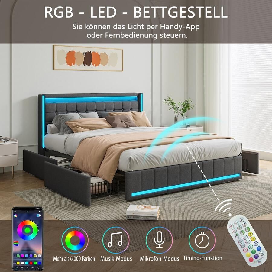 BursDany Gestoffeerd bed 140x200 cm met LED en USB tweepersoonsbed met 4 laden bedden met opbergruimte en lattenbodem bedframe met rugleuning voor jongerenbed zonder matras linnengrijs - Foto 2
