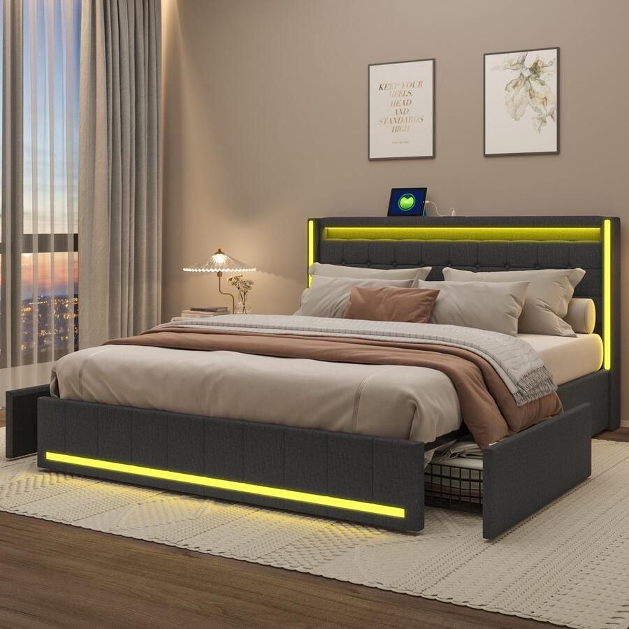 BursDany Gestoffeerd bed 140x200 cm met LED en USB tweepersoonsbed met 4 laden bedden met opbergruimte en lattenbodem bedframe met rugleuning voor jongerenbed zonder matras linnengrijs